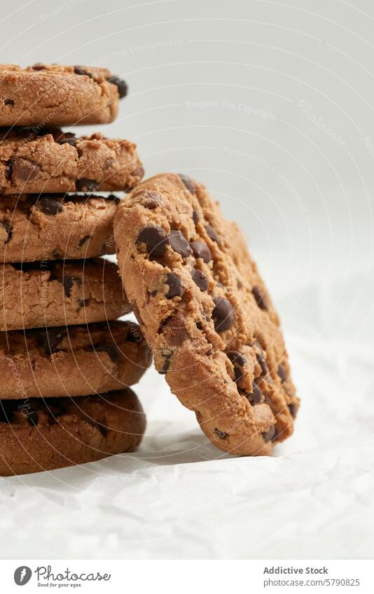 Close-up of a tempting stack of chocolate chip cookies with a bitten cookie in the foreground, arranged on crinkled parchment paper close-up snack dessert sweet