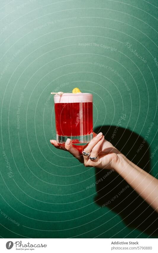 Hand holding a Berry Mojito cocktail with foam hand berry mojito refreshing presentation green background drink alcohol beverage glass red foamy mixology bar