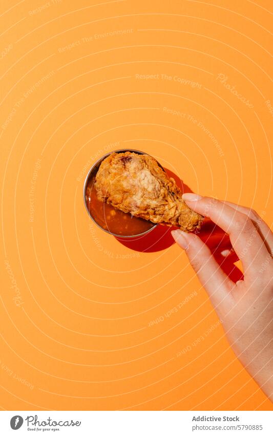 Crispy fried chicken drumstick in hand against orange backdrop orange background crispy golden brown food fast food snack poultry meat comfort food deep-fried