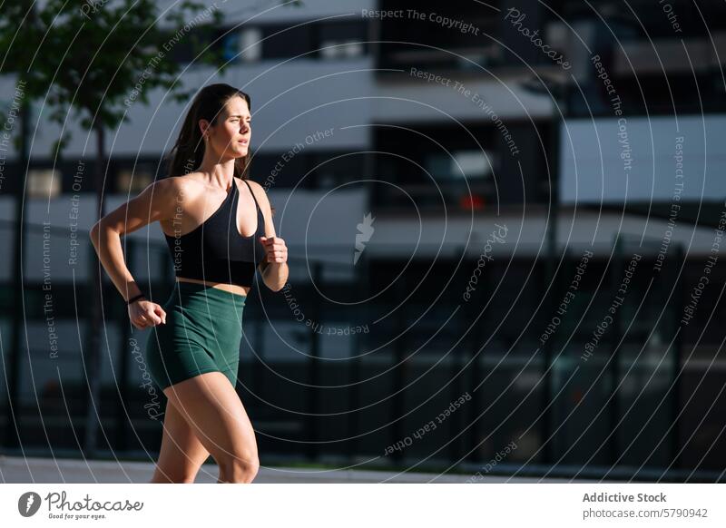 Athletic woman jogging in urban setting fitness athletic sport building healthy lifestyle exercise outdoor runner active wellness sporty city athletic wear