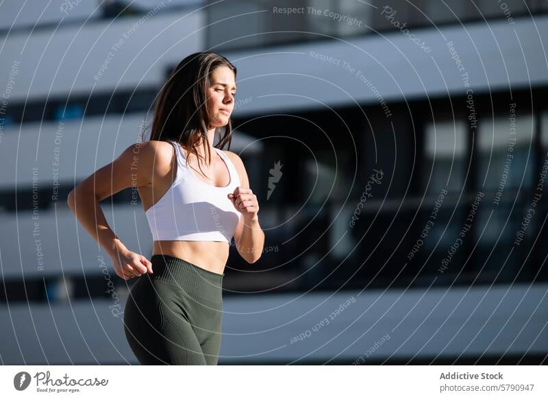 Active woman jogging in urban setting jogger fitness sportswear active lifestyle exercise building modern activity health outdoor running athlete athletic city