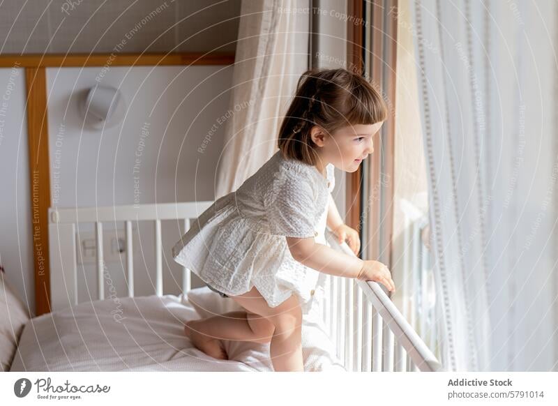 Young girl in white dress looking out the window child bedroom curious indoor home standing bright domestic interior morning light innocence youth toddler kid