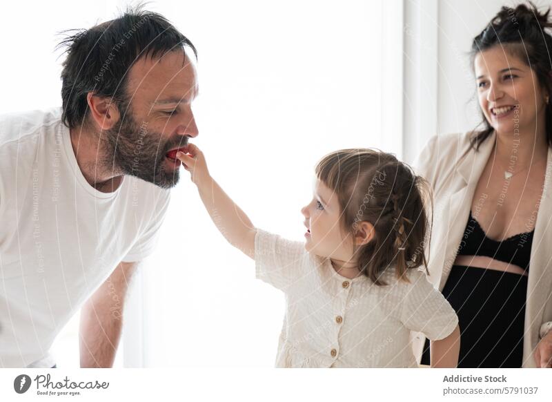 Toddler feeding father with mother watching in background family toddler joy smile snack parent child happiness togetherness bonding care casual home indoor