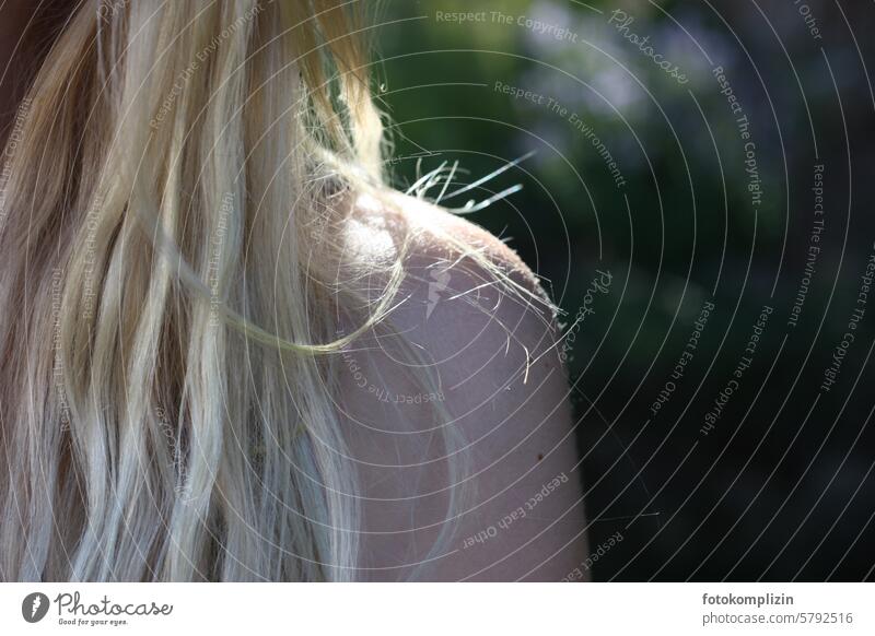 Hair and skin in sunlight hair Skin Light Shoulder Delicate youthful Sunlight Summer feeling Fine sensation Girl Feminine Summery Woman Long-haired Blonde