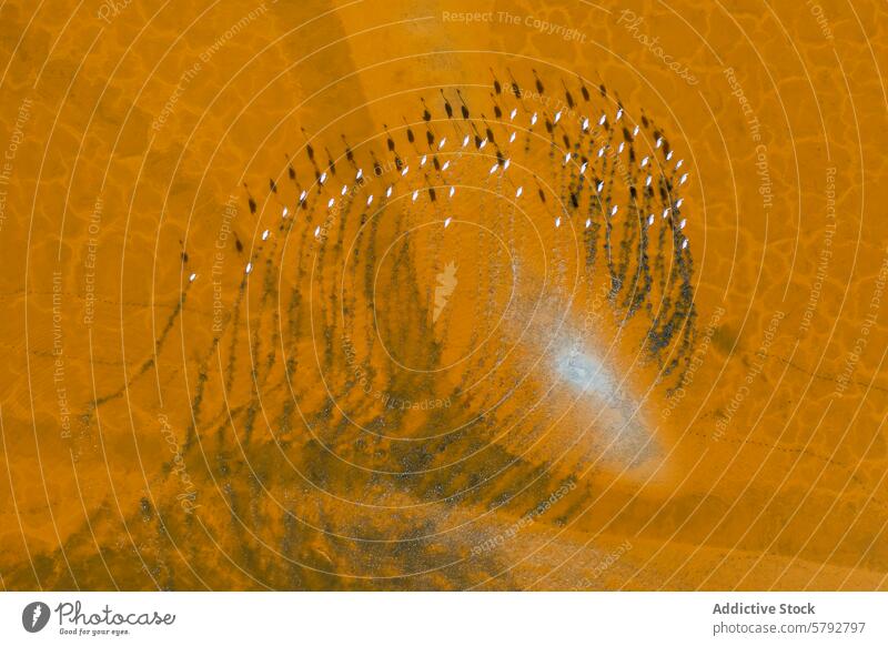 Flamingos in a Salt Lake in Toledo Province flamingo salt lake aerial view toledo province bird wildlife nature spain reflection water golden wading flock