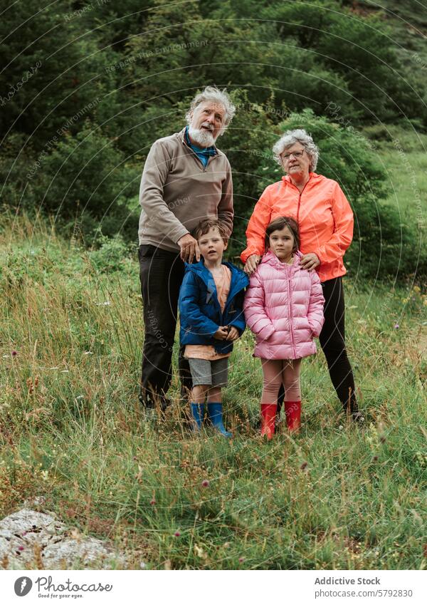 Grandparents with grandchildren enjoying nature together grandparents grandson family leisure outdoors senior couple bonding hiking park grass daytime