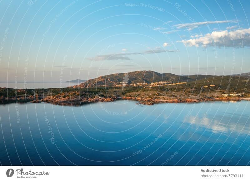 Coastal landscape of Sardinia at sunset, La Marinedda beach sardinia italy coastal sea reflection warm serene view mediterranean tranquil nature scenic travel