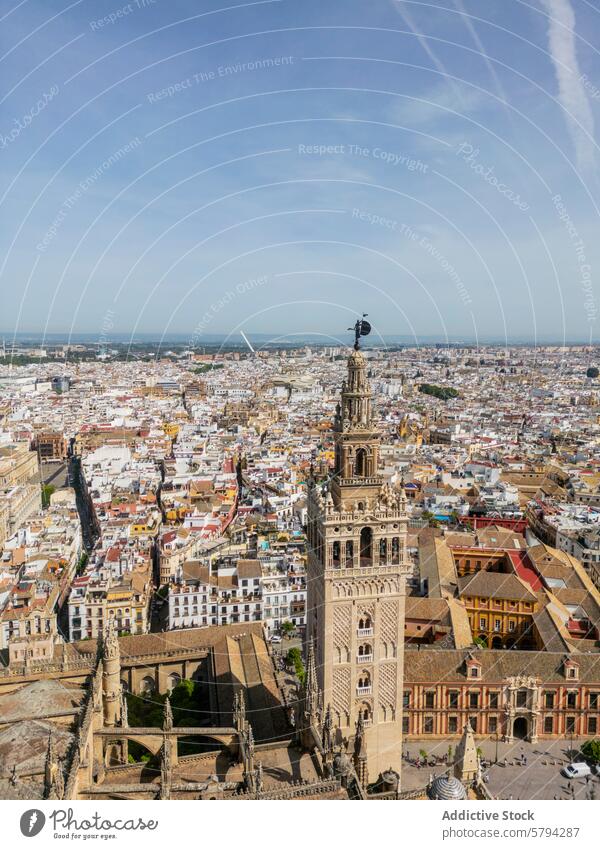 Aerial panorama of Seville's historic landmarks and river aerial view seville cathedral la giralda sculpture symbol city maestranza bullring guadalquivir