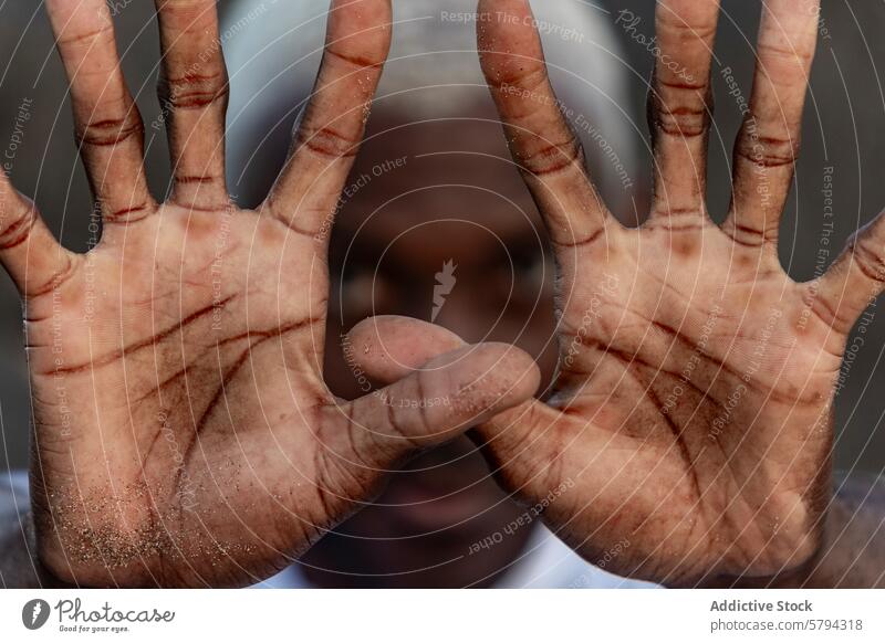 A captivating close-up of a man with sandy palms framing his intense gaze, highlighting the unique lines and textures of his skin African American stare