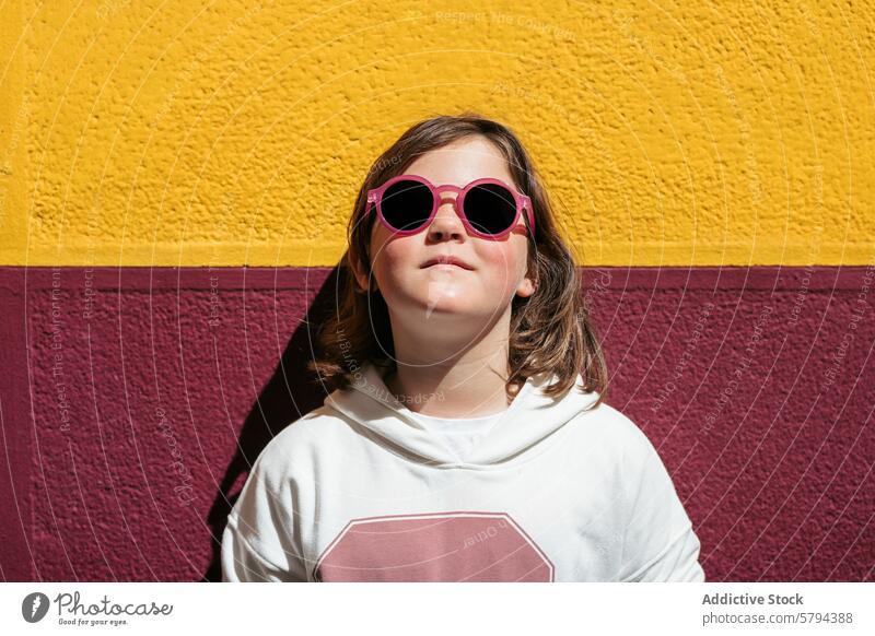 Summer bliss with a girl enjoying the sun summer sunglasses bright yellow maroon backdrop style stylish fashion accessory youth child warm sunlight bask