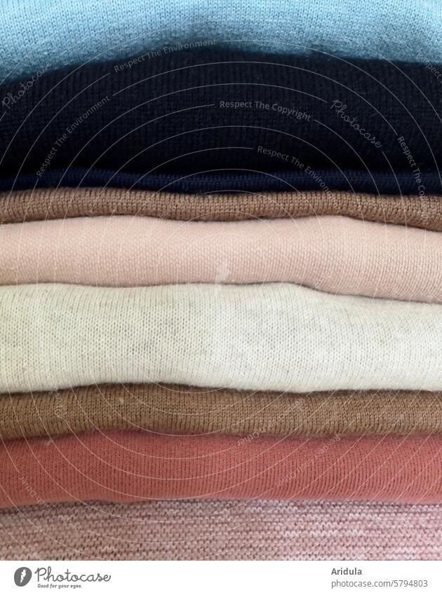 Sweater pile No. 2 Tops garments Stack Closet Arrangement Fashion Clothing textile rope sweatshirt Stripe Blue Nature Brown Design