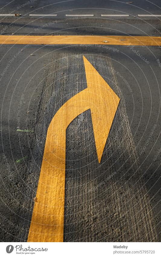 Turn lanes with arrows in white and yellow on gray asphalt in autumn sunshine at a parking garage at the Westanlage in Giessen an der Lahn in Hesse Arrow