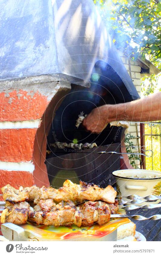 cooking of shashlik on the brazier barbecue meat appetizing broil piece dark fat food fry grill grilled hot kebab picnic pork preparation pulpy red roasted pan