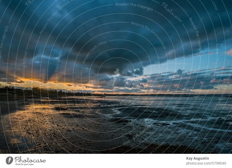 Sunset evening mood on the Wadden Sea North Sea coast Mud flats Cloud pattern Weather Raincloud North Sea Islands ebb and flow Tide wide colors reflection