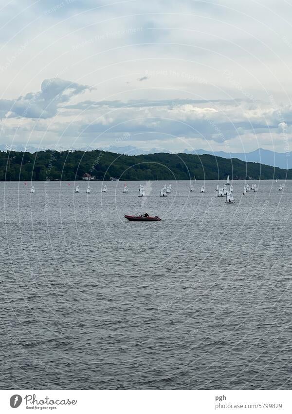 The little ones on a high course Regatta sailboats sailing Sailing Sports Aquatics Lake Starnberg mountains Bavaria Clouds Dinghy Watercraft Small several