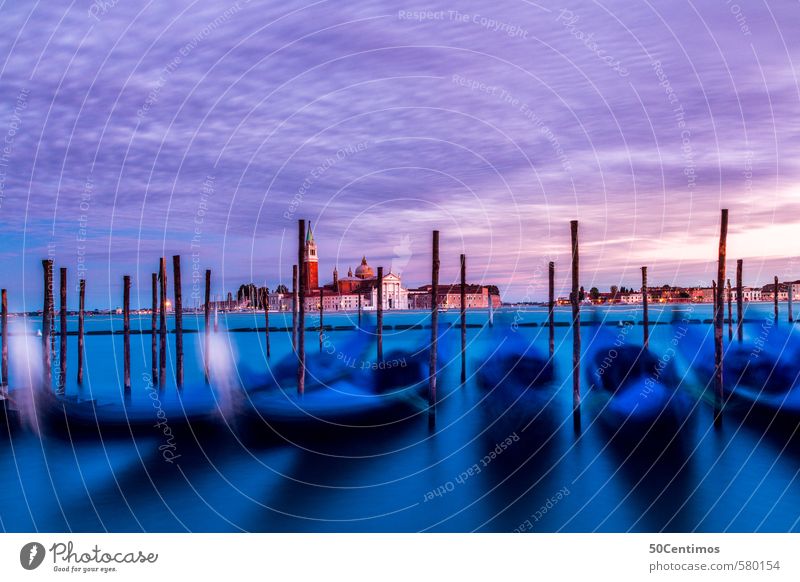 Gondola in the sea at dusk in Venice Tourism Trip Far-off places Summer vacation Water Clouds Sunrise Sunset Climate Town Outskirts Castle Tourist Attraction