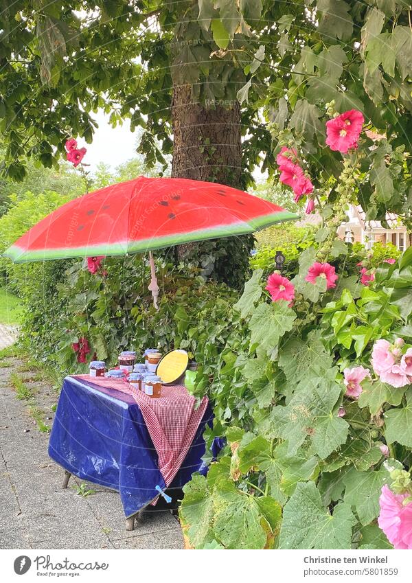 a small colorful stall along the way sales booth Jam Table Sunshade Self-made home-cooked Sell Offer Hollyhocks Tree Maple tree Hedge off tablecloth Fohr