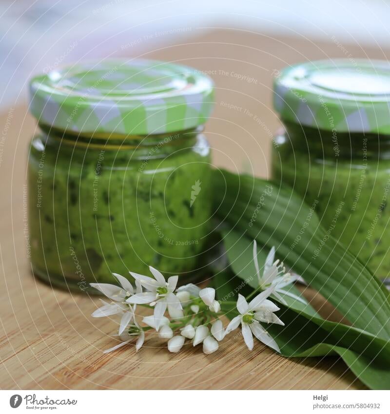 wild garlic pesto Club moss Wild garlic leaf wild garlic blossom Glass Food Nutrition Fresh Spring seasoning Herbs and spices Colour photo Vegetarian diet