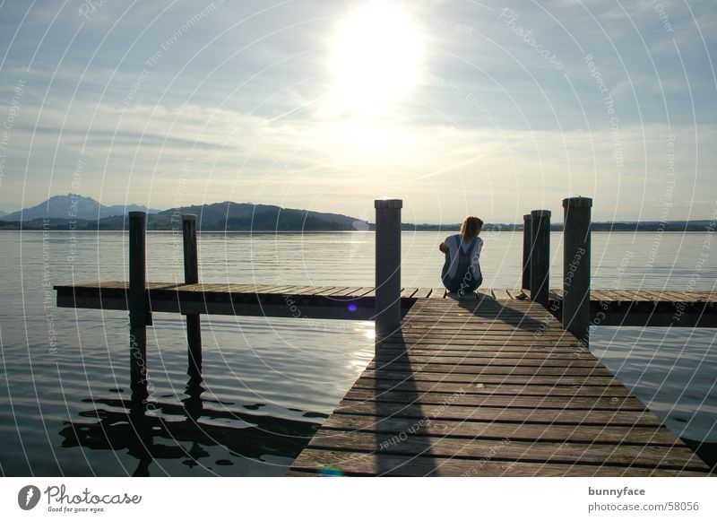 lonely on the way? Zugersee Lake Romance Loyalty Thought Dream Hope Desire Footbridge Calm Vantage point Sun Water Loneliness Wait