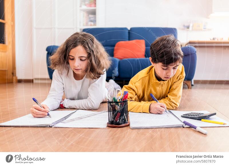 Children Engaged in Homework on Living Room Floor two children homework education learning writing focus study pencils notebook calculator floor living room