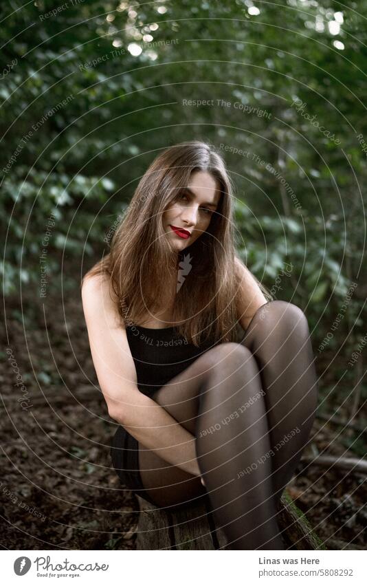 A stunning brunette girl poses flawlessly amidst these dark woods, resembling a wild spirit in her perfectly matched forest setting. Her beautiful face undoubtedly captures the camera's main focus.