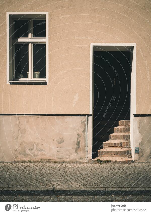 Windows and staircase Facade Stairs Architecture Sunlight Shadow Sidewalk Neutral Background Copy Space middle Wall (building) Copy Space top Copy Space bottom