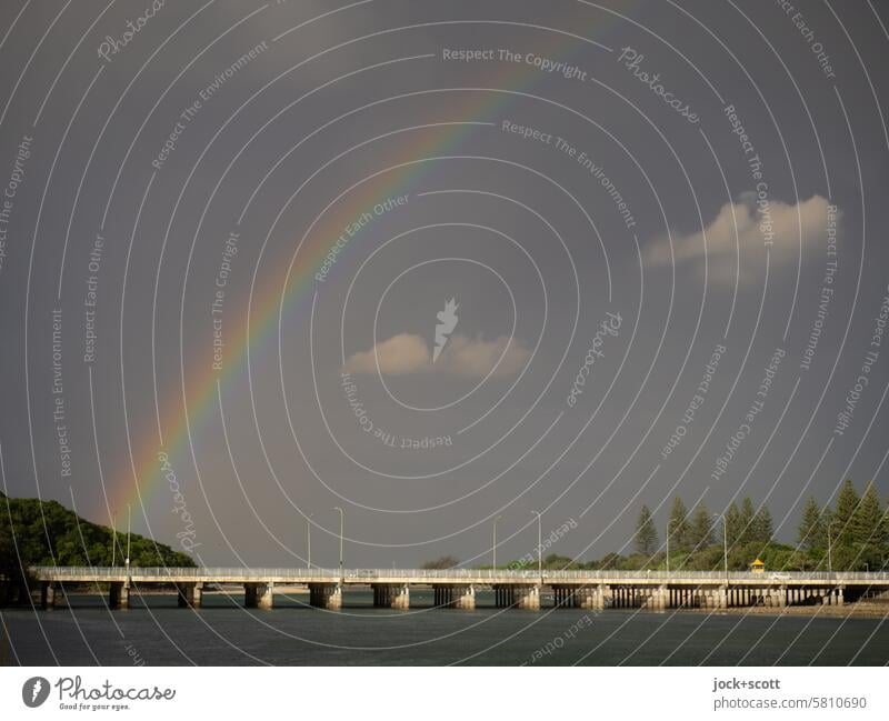 Rainbow over the estuary bridge Bridge Sky Clouds River Weather Summer Sunlight Light (Natural Phenomenon) Nature Infrastructure Environment Australia Horizon