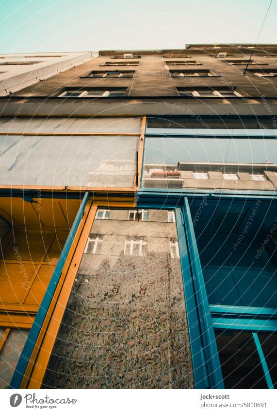 Mirror, mirror on the outside wall Facade Reflection Worm's-eye view Town house (City: Block of flats) Architecture old town house Nostalgia Opposite Column