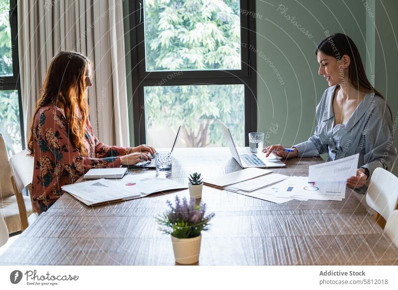 Positive colleagues working on laptop in light workspace take note write team positive content office workplace student coworker teamwork exam preparation