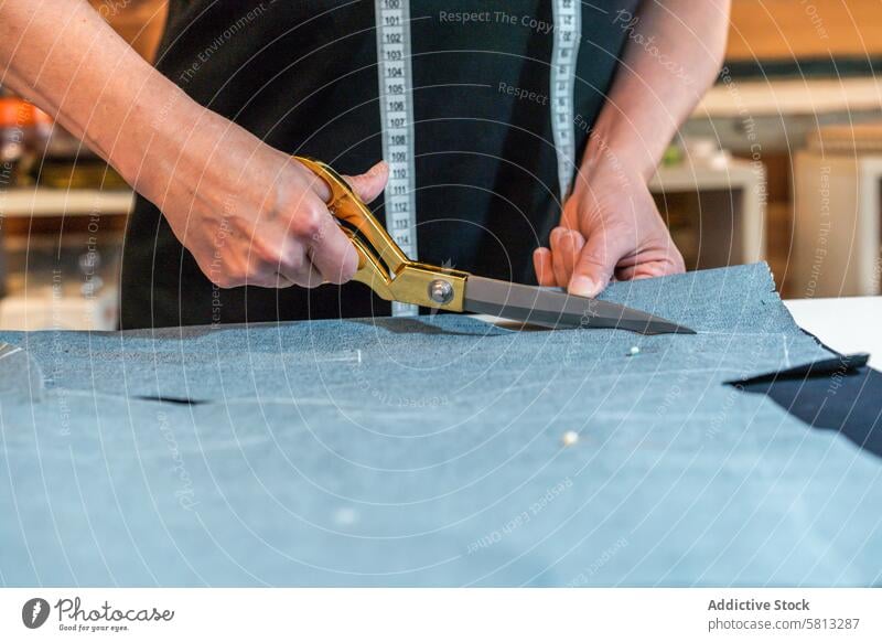 Seamstress using scissors to cut textile at work table. Occupation clothing confidence confident copy space copy-space creativity design designer desk