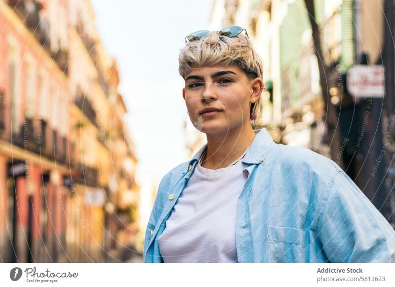 stylish teenager girl with short hair. portrait young woman hair wicks shirt fashion beautiful female model attractive beauty pretty white background lifestyle