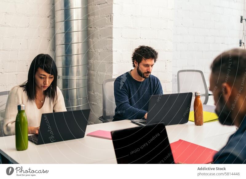 Group of multiracial people working with laptop in a coworking ethnicity asian caucasian diversity office business company meeting productivity brainstorming