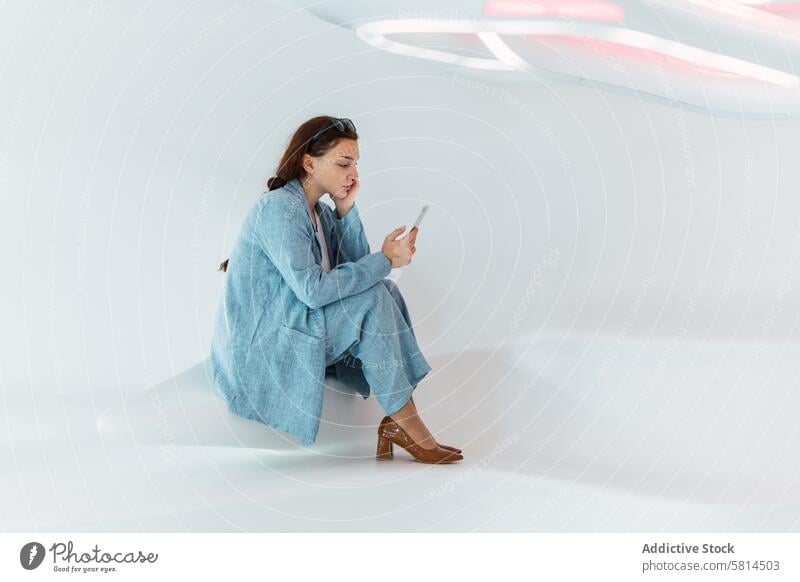 Woman browsing smartphone in studio woman social media modern design internet online style gadget using device elegant scroll positive optimist female surfing