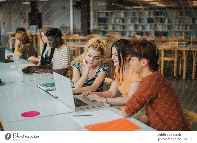 Multiracial young students using netbooks in library laptop together research focus collaborate university project friend multiracial multiethnic diverse asian