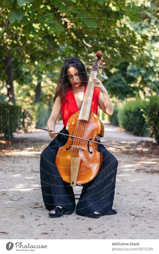 Woman playing the cello in a park. musician woman instrument concert performance artist musical outdoors classical entertainment orchestra melody symphony sound