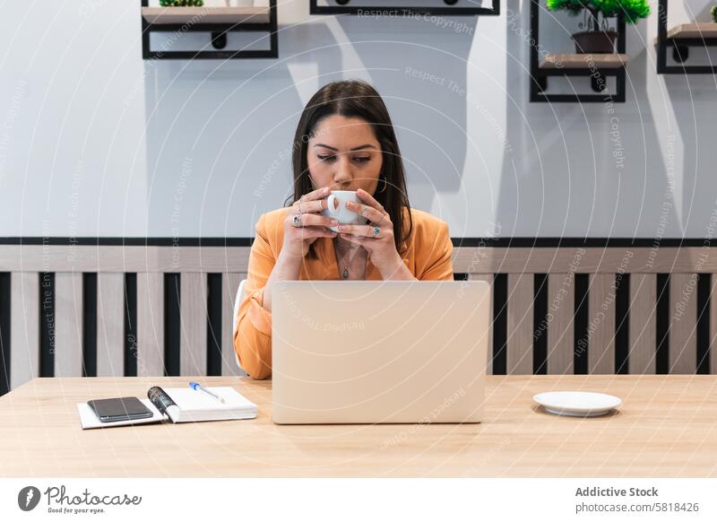 Woman working in cafe and drinking coffee woman freelance laptop business project focus female using device beverage surfing gadget computer serious browsing