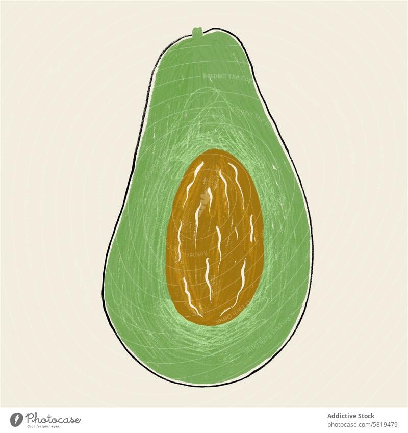 Avocado half with a seed illustration avocado hand-drawn fruit flesh creamy beige background food healthy nutrition organic vegan vegetarian doodle crayon