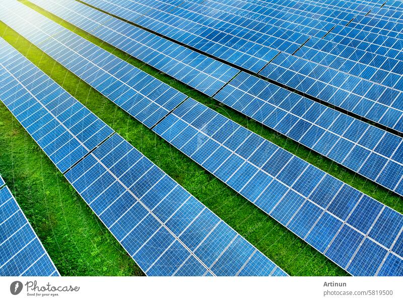 Solar farm and sun light. Solar power for green energy. Sustainable renewable energy. Photovoltaic power station or solar park. Solar panel installation and maintenance concept. Energy sustainability.