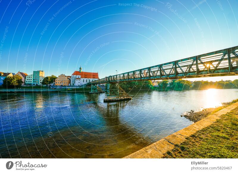 Iron footbridge on the Danube near Regensburg Town River Vantage point Summer voyage Blue Evening Tourist Attraction Bridge Water Architecture Landscape