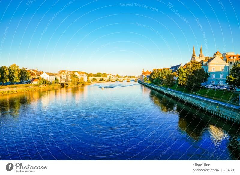 View of the Danube near Regensburg Town River Vantage point Summer voyage Blue Evening Tourist Attraction Bridge Water Architecture Landscape Building Tourism