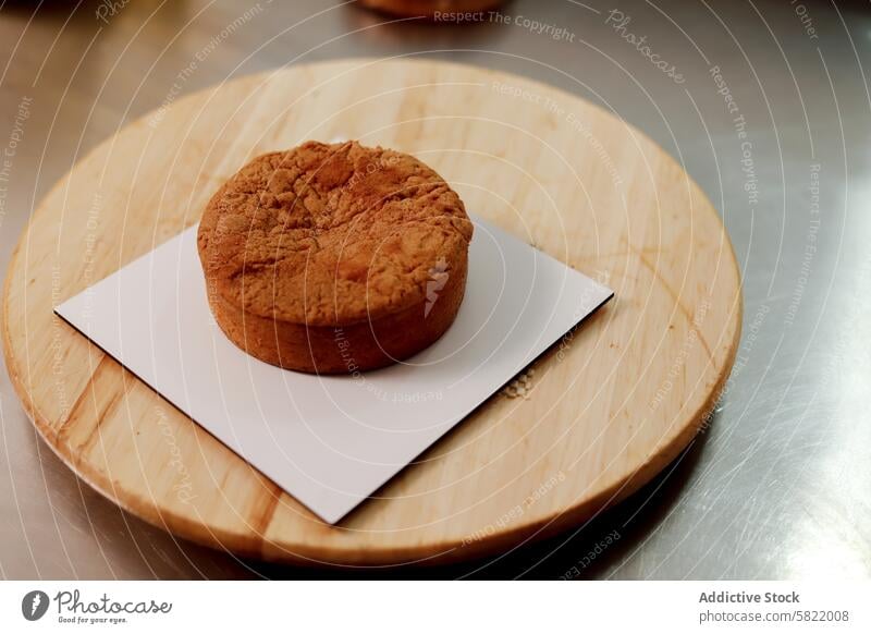 Freshly baked cake on a wooden cutting board baking fresh cooling pastry kitchen homemade dessert sweet brown round oven-baked bakery cookery culinary