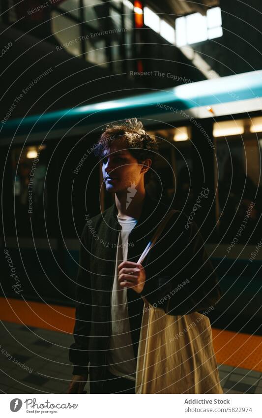 Young man waiting at a dimly lit subway station train bag canvas young moody light shadow passing background transport urban city commute public transit