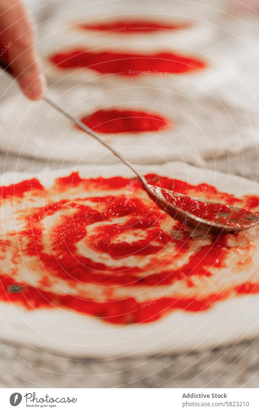 Anonymous chef preparing pizza in a pizzeria tomato sauce ladle dough preparation cooking anonymous spread food cuisine italian kitchen culinary hand fresh