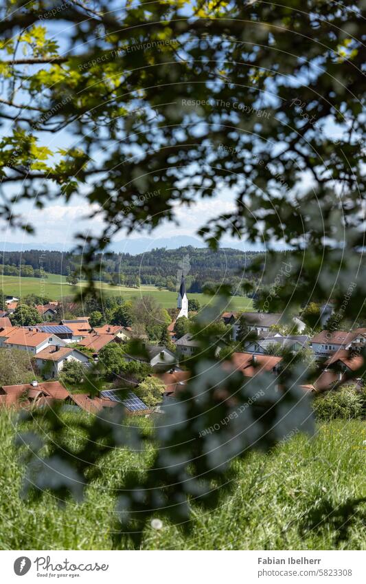 Rott am Lech with the church of St. John the Baptist red Church Calvary Upper Bavaria panorama Landsberg Wessobrunn Germany