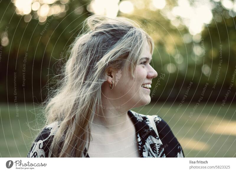 LAUGHING WOMAN - CHEERFUL - GREEN Woman Laughter Blonde Young woman cheerful Green in nature fortunate Happy Nature Smiling Joy Attractive youthful pretty