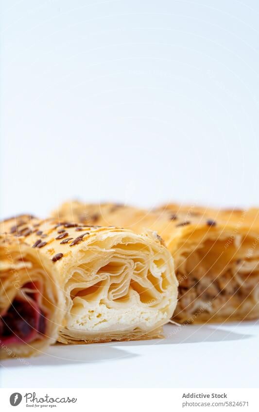 Assorted layered pastry rolls on a white background flaky filling seed garnished white white background food snack dessert baked various selection assortment