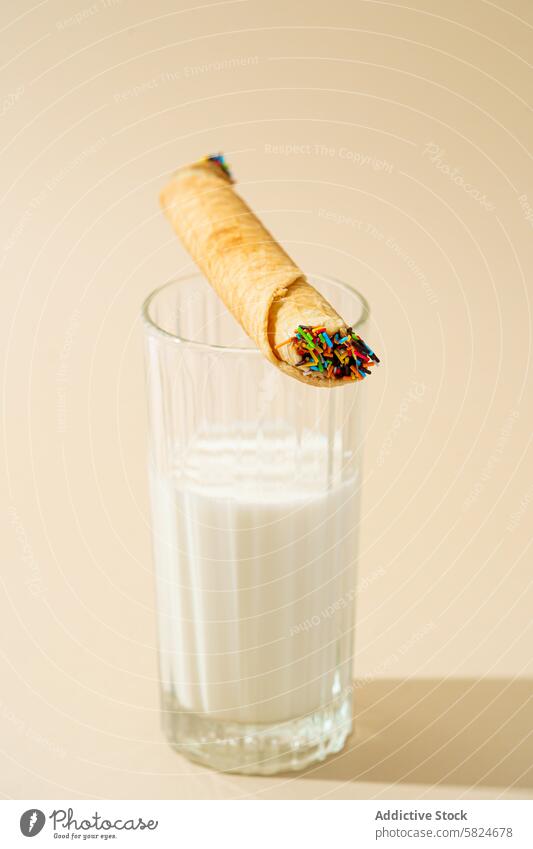 Waffle roll with sprinkles leaning on a glass of milk waffle beige background fresh prepared colorful balancing snack sweet dessert treat confectionery dairy