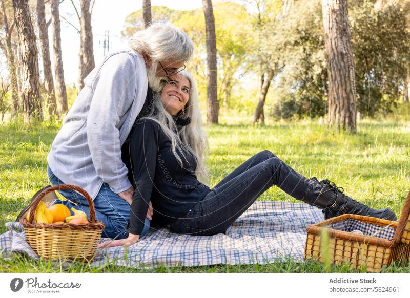 Senior couple enjoys a romantic picnic outdoors senior park tender moment grassy basket fruit love relationship dating elderly leisure happy affection nature