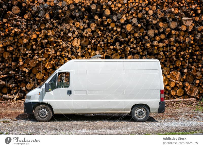 White van parked in front of woodpile in the Alps log cargo transport vehicle white stack timber forest lumber industrial business delivery work outdoor alps