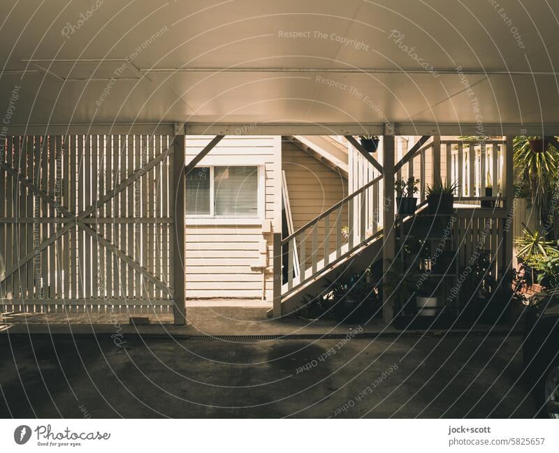 Carport and timber house between light and shade carport Wooden house House (Residential Structure) Window Stairs Sunlight Shadow Facade Wall (building)